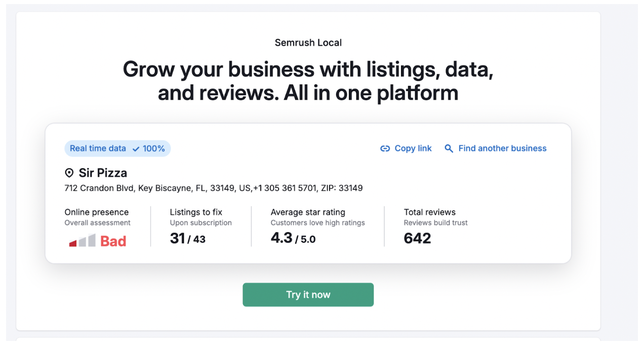 Click “Try it now” to sign up for Semrush’s Listing Management tool.
