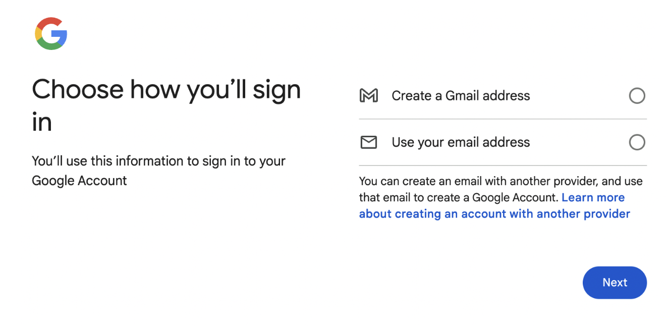 Choose how you'll sign in page for Gmail
