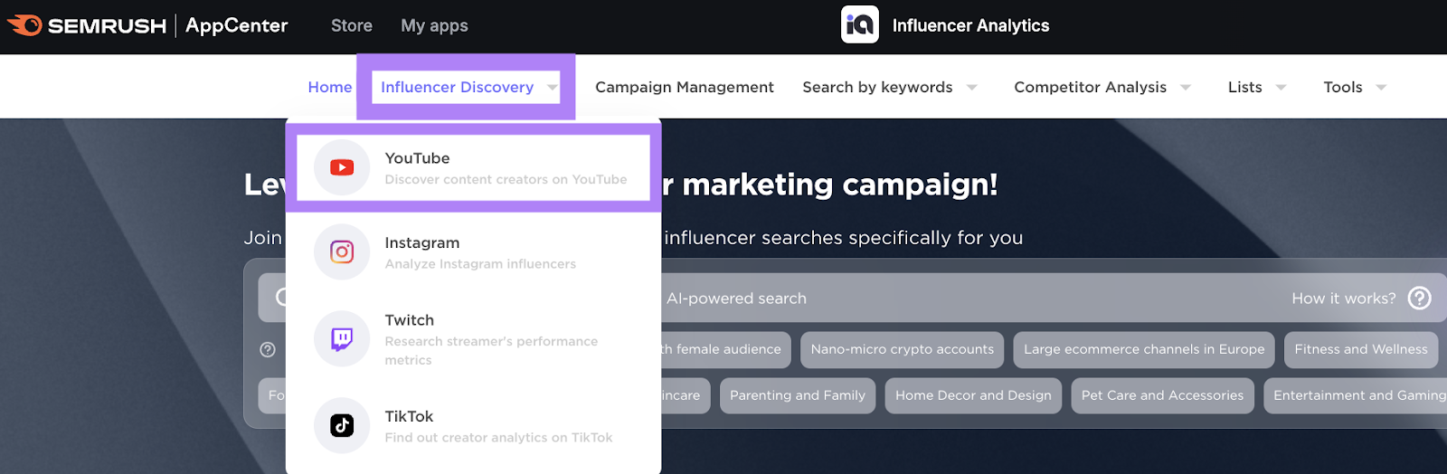 Influencer discovery tab and "YouTube" option highlighted in the influencer analytics app