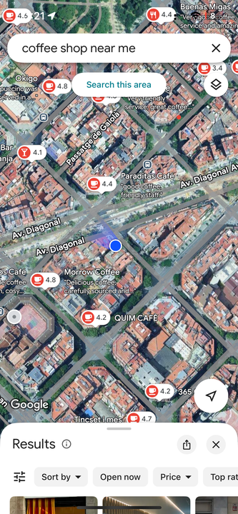 Google Maps results for a “coffee shop near me.”