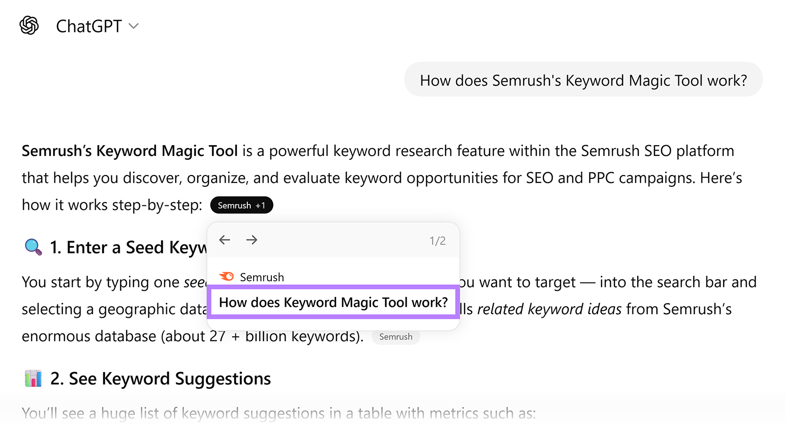 ChatGPT answer with linked citation title shown in hover preview.