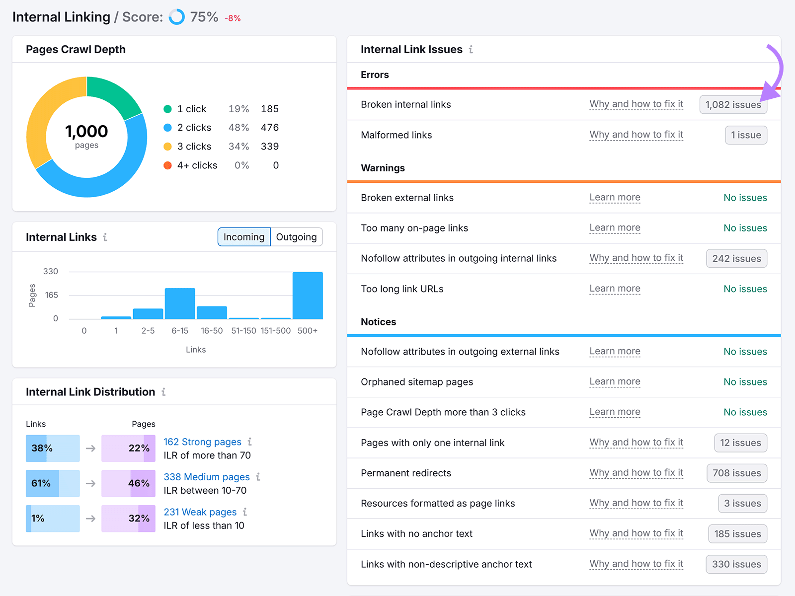 Internal Linking report showing crawl depth, link distribution, and internal link issues with broken links highlighted.
