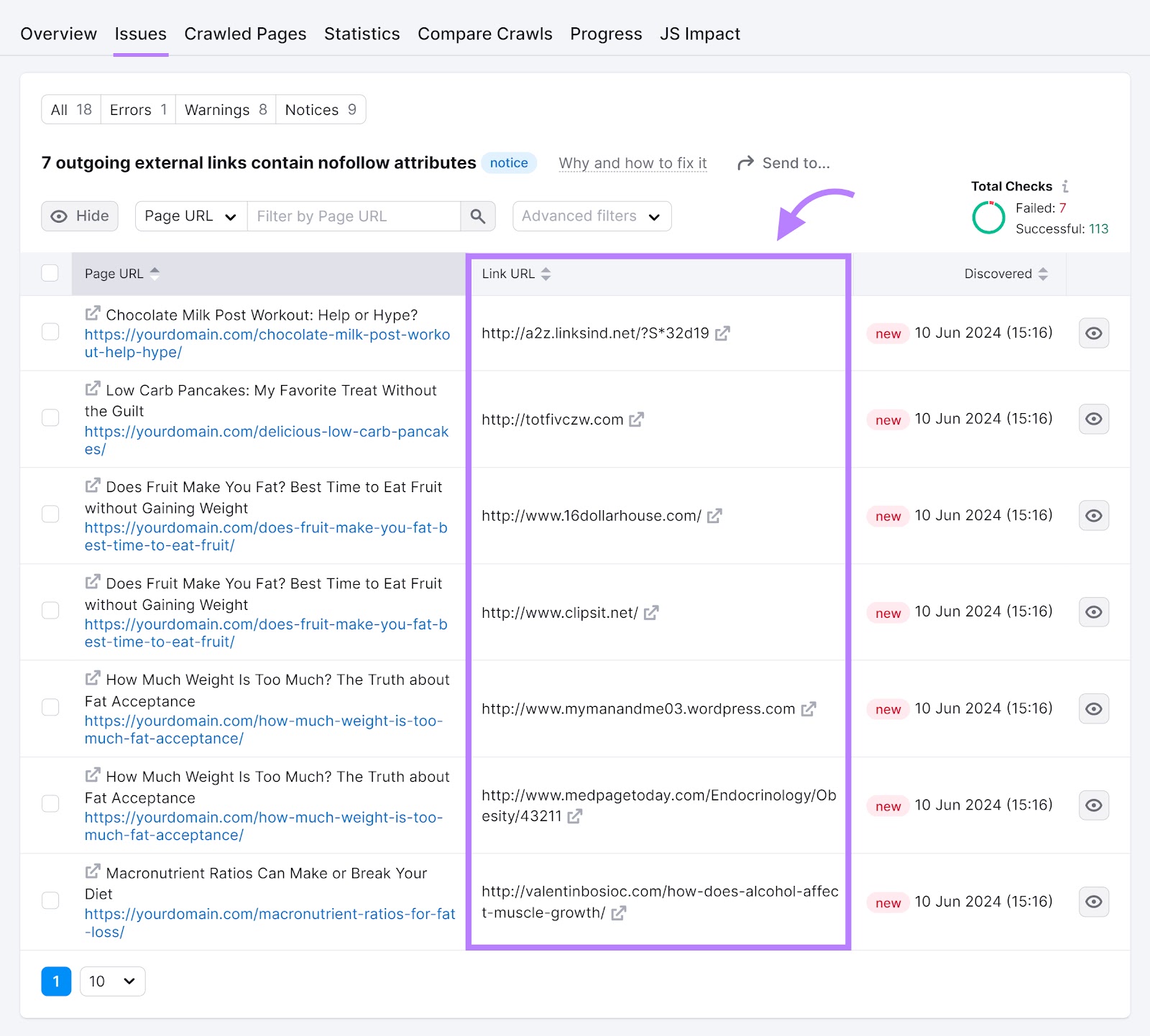 Site Audit tool "7 outgoing external links contain nofollow attributes" page with the "Link URL" column highlighted