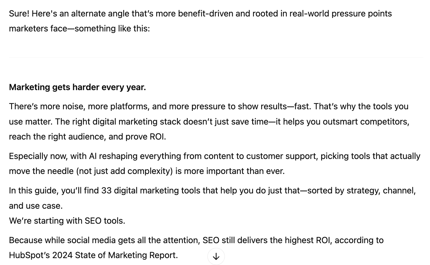 ChatGPT offers a different angle that more benefit-driven and rooted in real-world pressure points for the target audience.