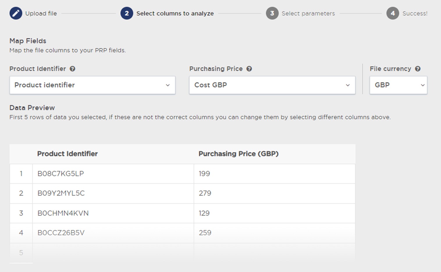 Selecting columns to analyze in the &lsquo;Multi Product Analysis&rsquo; feature of Product Research Pulse.