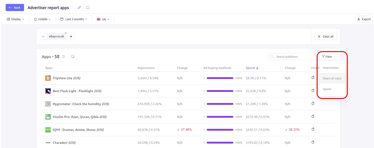 Filtering an apps report in AdClarity — Advertising Intelligence