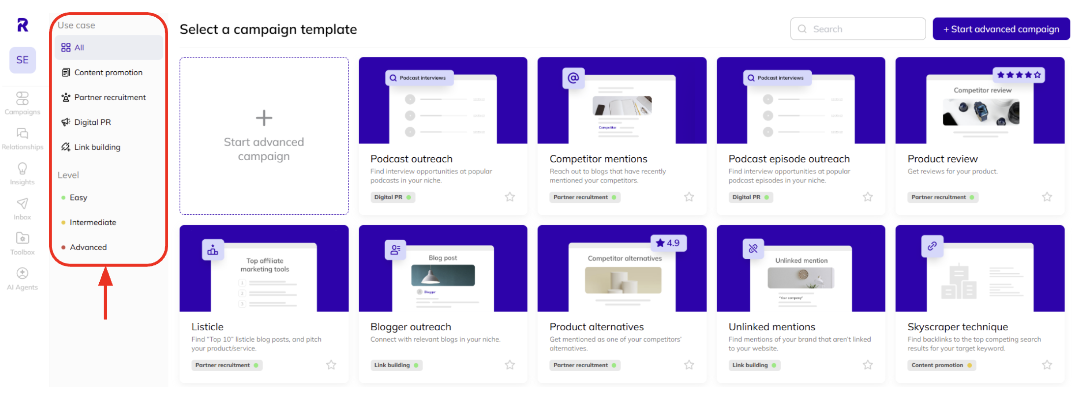 Filtering your available templates in AI Backlink Builder.