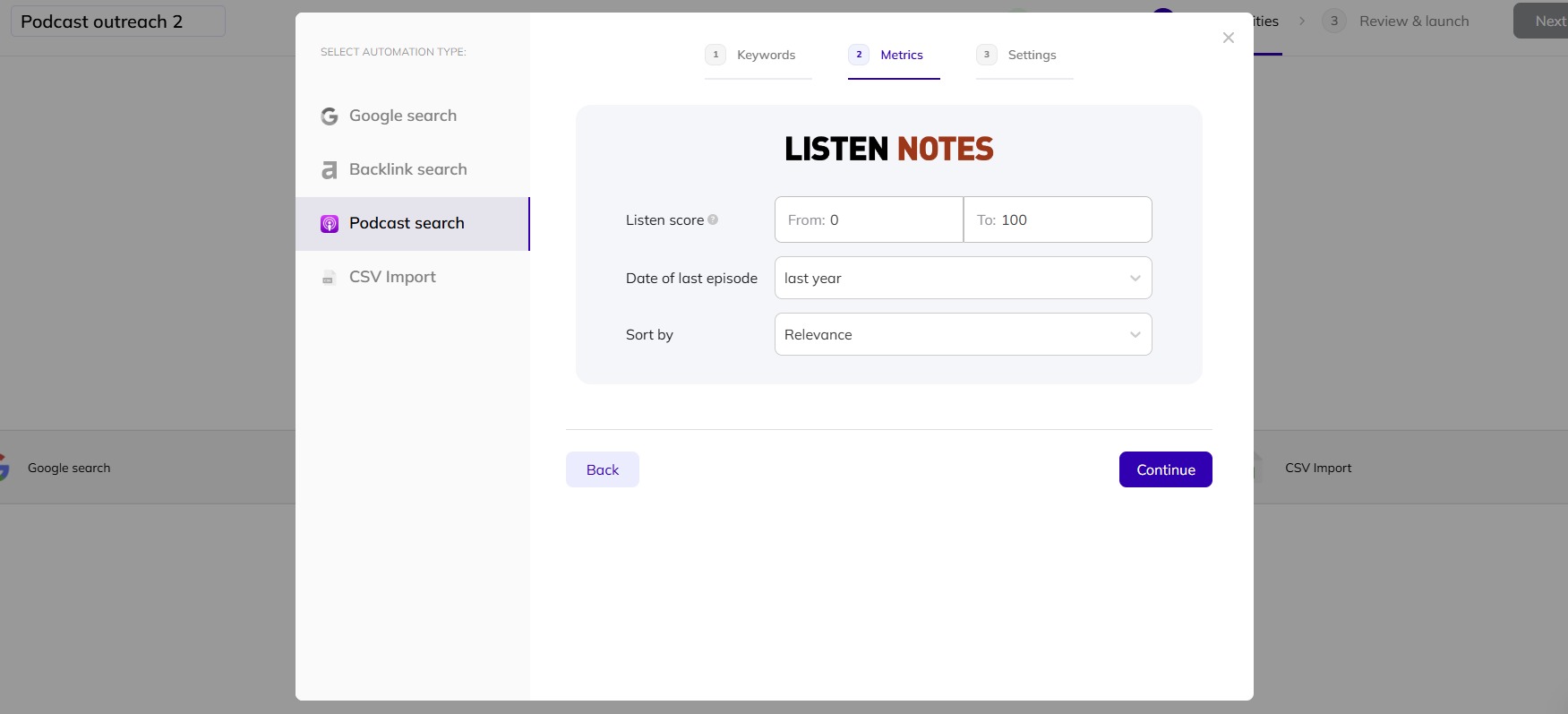Configuring Listen Notes for podcast searches in AI Backlink Builder.