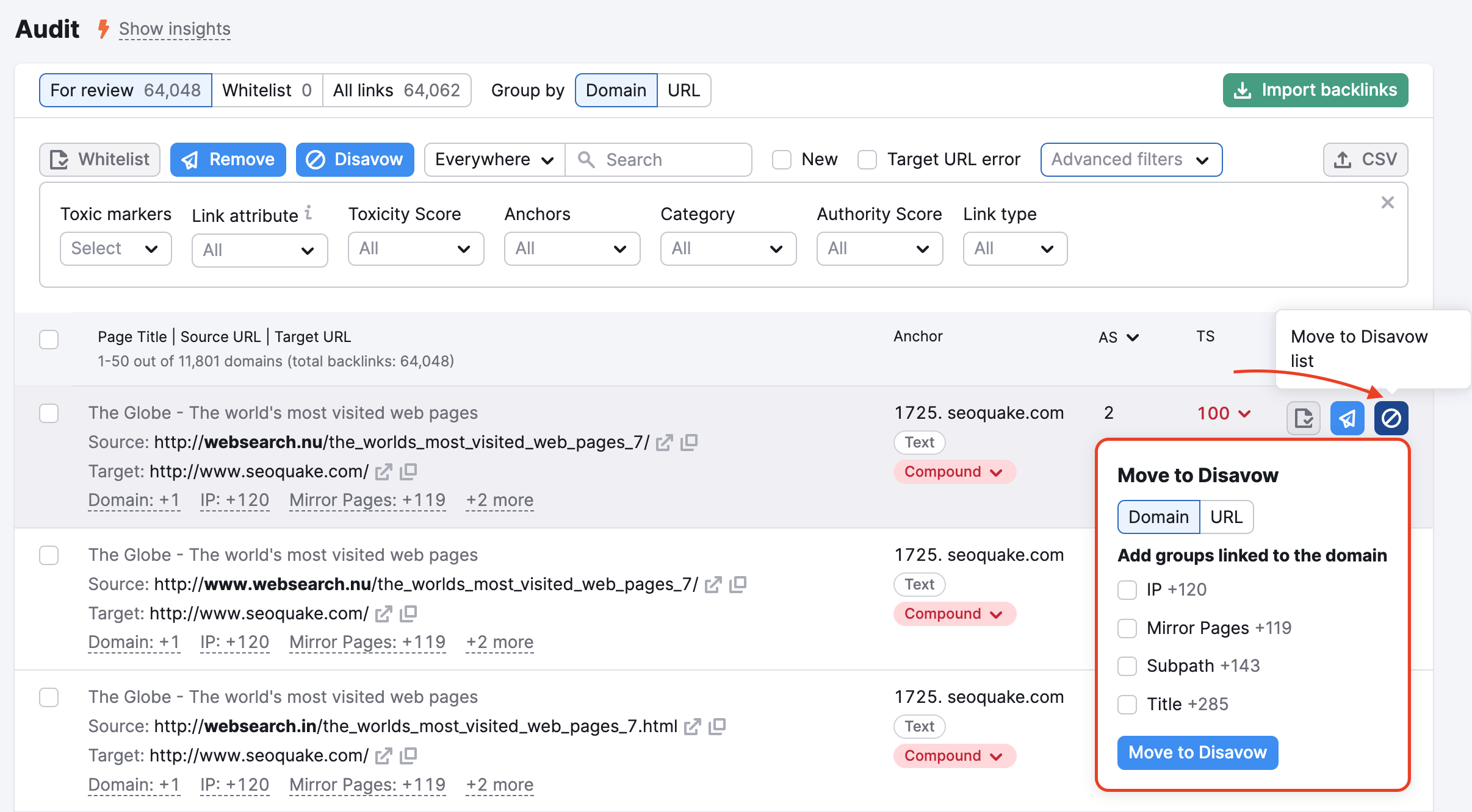 A list of backlinks for review. A red arrow on the right is pointing down towards the small blue stop sign button. As this button is clicked, a dropdown menu opens with suggestion to move either Domain or URL to the Disavow list. After that, there is a suggestion to disavow certain groups linked to a domain with different group criteria listed: by IP, Mirror Pages, Subpath, and Title.