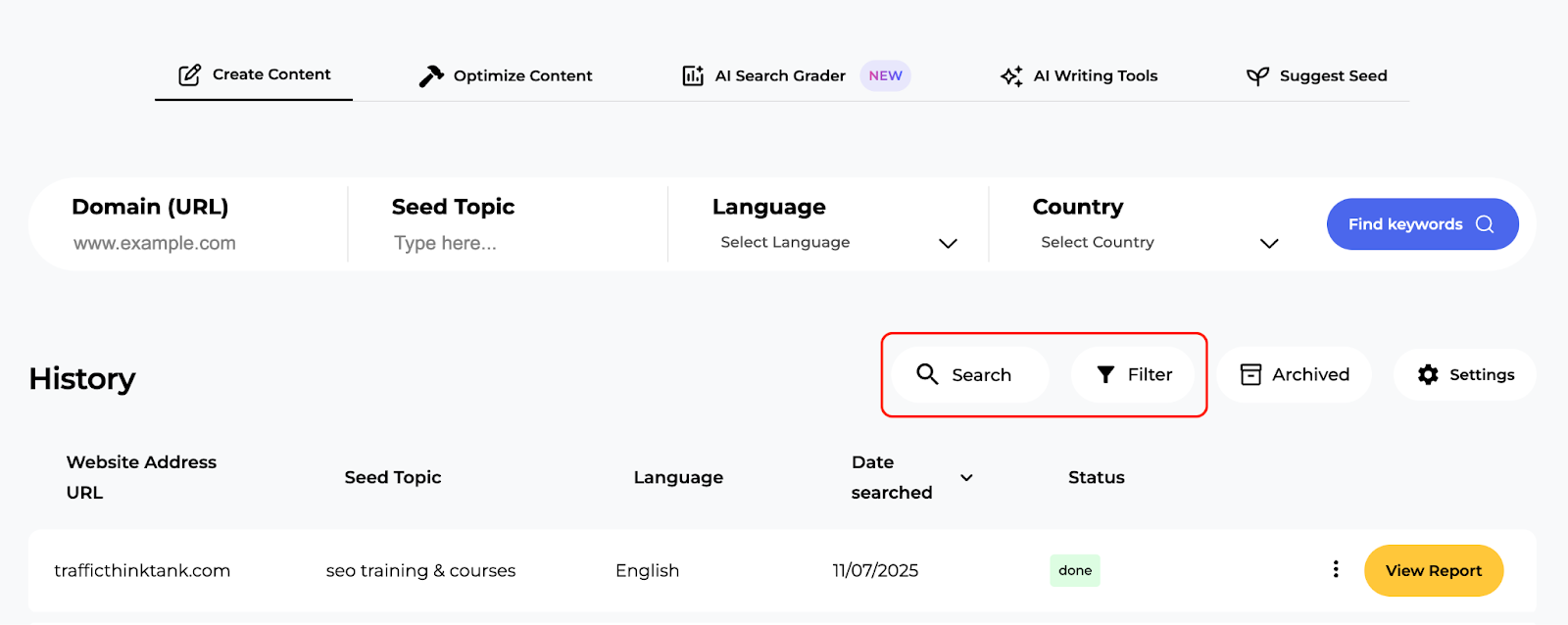 The search bar and filter button.